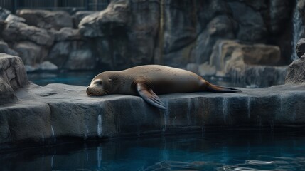 A sea lion rests on a rock near a pool.