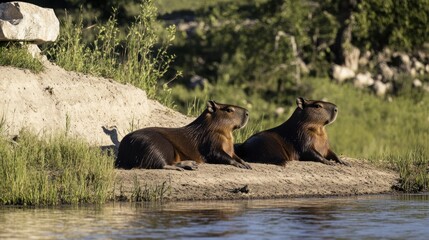 Two capybaras relaxing by a riverbank.