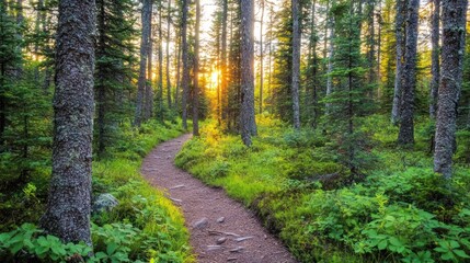 Obraz premium Sunlit forest path winding through lush greenery.