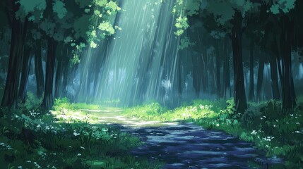 Obraz premium Sunbeams illuminate a path through a lush, green forest.