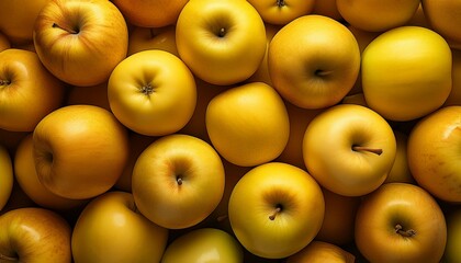 Flat Lay Top View of Bright Ripe Fragrant Yellow Apple Fruit as Background