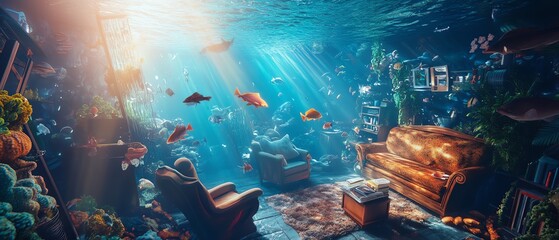 Obraz premium Surreal underwater scene: a sunken living room with fish swimming among furniture and plants. Dreamlike and mysterious.