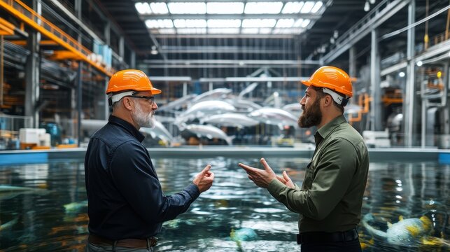 Two men in orange hard hats are talking in a large room with a fish tank in the