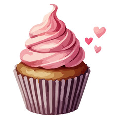 Vanilla cupcake decorated with pink whipped cream. Watercolor hand drawn painting isolated on white background. Valentines day design.