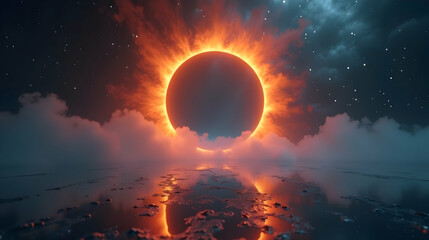 A fiery ring of celestial wonder, an eclipse framed by clouds and mirrored in still water under a starlit sky. A breathtaking, surreal cosmic scene.
