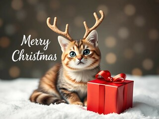 Merry Christmas concept holiday vacation winter greeting card - cat with reindeer antlers and red giftbox with ribbon