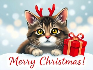Merry Christmas concept holiday vacation winter greeting card - cat with reindeer antlers and red giftbox with ribbon