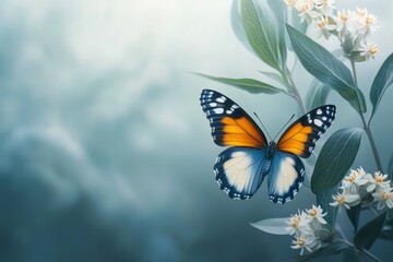 Obraz premium A vibrant butterfly rests near delicate white flowers