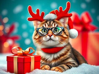 Merry Christmas concept holiday vacation winter greeting card - cat with reindeer antlers and red giftbox with ribbon