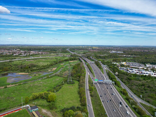 High Angle View of Dartford City of River Thames Dartford Channel Bridge Crossing, Estuary, Thurrock in Essex, England United Kingdom. Aerial Footage Captured with Drone's Camera on April 14th, 2024