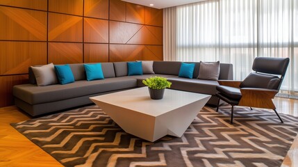 Modern interior with a gray sectional sofa, vibrant blue accent pillows, geometric white coffee table, and chevron-patterned rug in a stylish living room