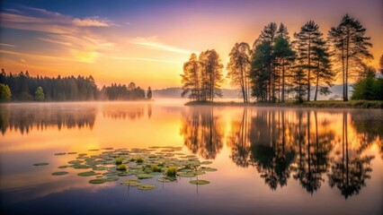 Obraz premium Serene Sunrise Over a Misty Lake with Lily Pads and Silhouetted Trees Reflecting in the Calm Water