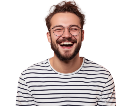 Headshot of pleased hipster has satisfied expression, curly hair and bristle, wears round transparent glasses and striped t shirt, feels glad after promotion at work, isolated over pink background