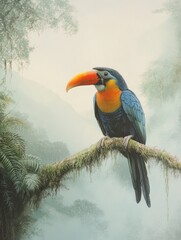 Obraz premium A Vivid Toucan Perched on a Mossy Branch in Misty Rainforest