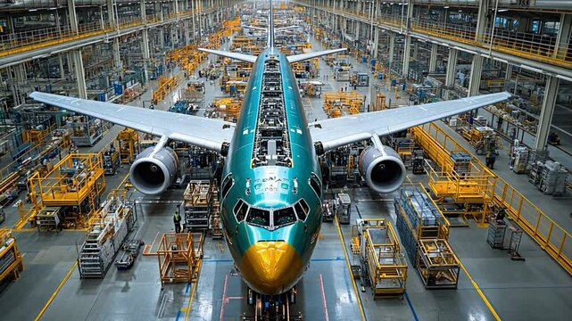 Airplane Assembly Line: A majestic view of an airplane under construction in a large factory. The image showcases the scale and complexity of aircraft manufacturing.