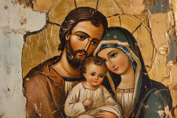 Sacred imagery in focus - icon Holy Family, Saint Mary, Joseph holding baby Jesus Christ, reflecting Christmas reverence, Easter significance, spiritual devotion, religious traditions, holy fasting. © Ирина Батюк