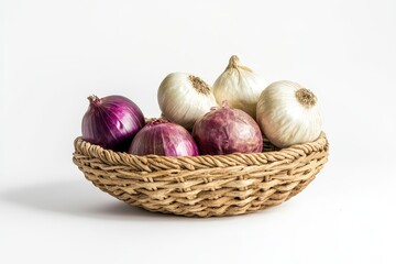 Red and white onions in a wicker basket.