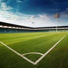 Fototapeta premium football field with a stadium - soccer field with a stadium - empty football field