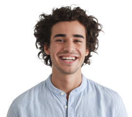 Headshot of handsome mixed race young man with shining smile, looks positively at camera, has white perfect teeth, stands against white background. People, lifestyle, emotions and fun concept