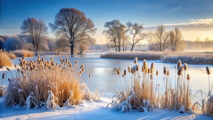 Fototapeta premium Serene winter landscape showcasing a frozen pond, snow-covered banks, and frost-kissed reeds under a brilliant sunrise