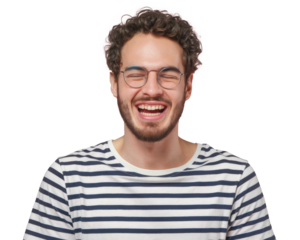 High-Quality PNG Headshot of pleased hipster has satisfied expression, curly hair and bristle, Isolated on White Background – High Resolution