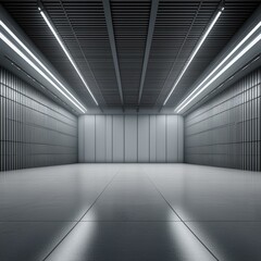 Obraz premium Industrial design project empty hall with led lights on top, grey walls - empty white room with white wall