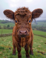Fluffy brown calf with wide eyes stares at the camera, pastures in the background.