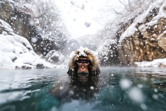 Snow Monkey Bathing in Hot Spring During Winter