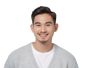 High-Quality PNG Close up portrait of happy handsome Asian man cheerfuly smiling while looking at camera in Isolated on White Background – High Resolution