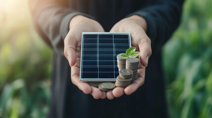 A person is holding a solar panel and coins in their hand