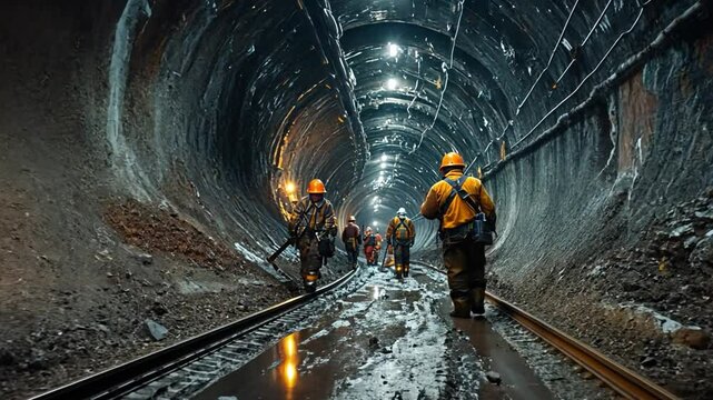 Into the Depths: A team of construction workers navigates the darkness of a tunnel, their headlamps illuminating the path ahead. The image captures the raw, gritty reality of underground construction.