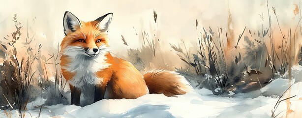 Obraz premium Winter wildlife, fox hunting in snowy field, early morning light, Watercolor style