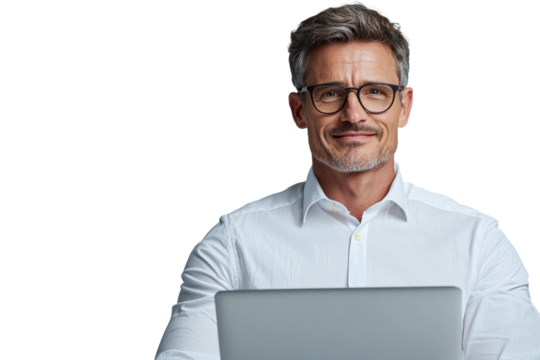 A man wearing glasses is sitting in front of a laptop
