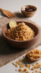 "Abon Ikan" is a typical food from Indonesia. namely a type of floss made from catfish meat, in a wooden bowl photographed in the studio with a wooden theme prop