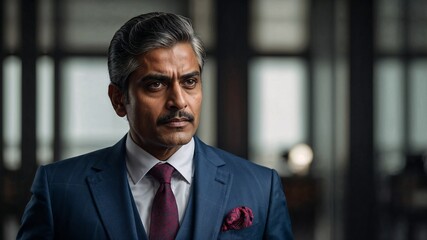 Fototapeta premium Focused Indian businessman in blue suit with red tie indoors at modern office