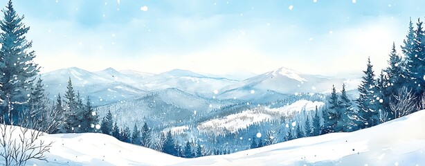 Obraz premium Snowy mountain range, clear blue sky, crisp winter air, Watercolor style
