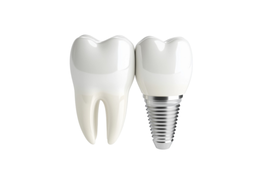 A tooth with a silver screw in it