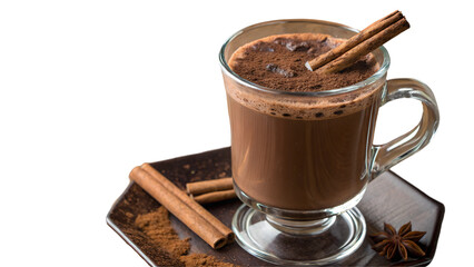 Glass mug with hot chocolate and cinnamon sticks .PNG style, transparent        

