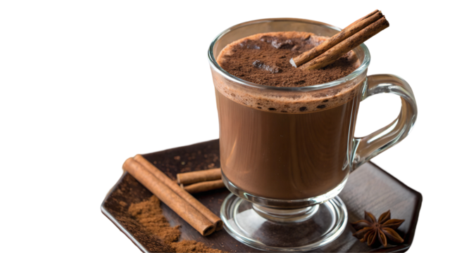 Glass mug with hot chocolate and cinnamon sticks .PNG style, transparent        

