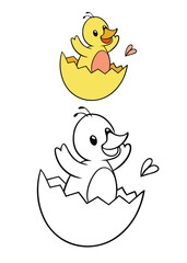 A cute Easter duckling leaps out of a cracked, colorful egg, symbolizing spring's renewal and joy. The playful moment brings a sense of rebirth and festive cheer.
