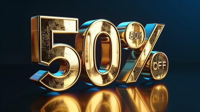 Fifty Percent Off Sale: Gold Textured 3D Render of Discount