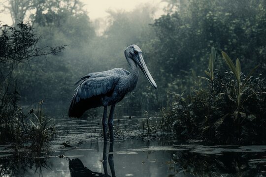 Solitary Grey Bird Wading In Misty Swamp Water
