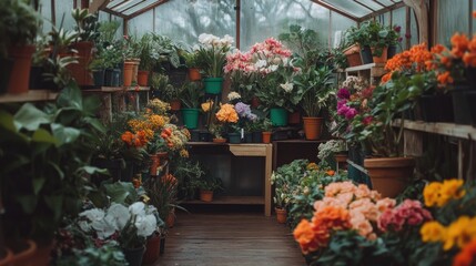 Fototapeta premium Vibrant Greenhouse Haven: A profusion of colorful flowers and lush greenery thrives in a sun-drenched greenhouse.