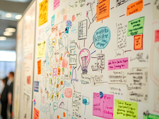 Naklejka premium Colorful whiteboard filled with mind maps, notes, and ideas for brainstorming