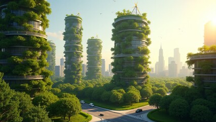Fototapeta premium A futuristic green city with vertical gardens, rooftop farms, and renewable energy. Lush greenery and sustainable innovations highlight the harmony of urban living and nature.