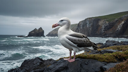A majestic albatross in mid-flight over the open ocean, its long wings fully extended as it glides gracefully above the waves, with sunlight reflecting off the water and a faint horizon in the backgro