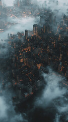 mini city with winding streets enveloped in fog, showcasing illuminated buildings