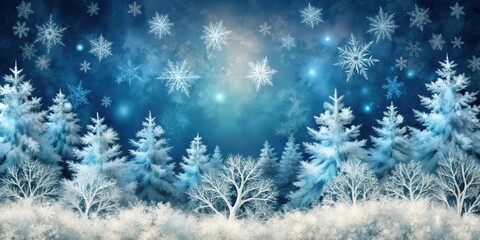 Winter forest floor with a seamless pattern of snowflakes and frosty branches, set against a dark blue sky with fluffy white clouds , snowflakes, frosty