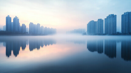 Fototapeta premium serene mini city in early morning fog with reflections on water
