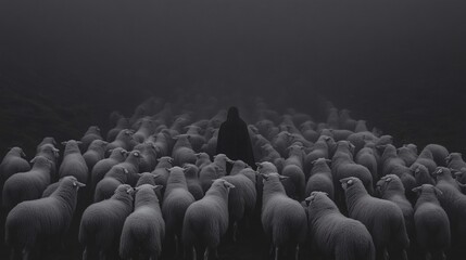 Obraz premium Symmetrical Framing of White Sheep in Misty Landscape